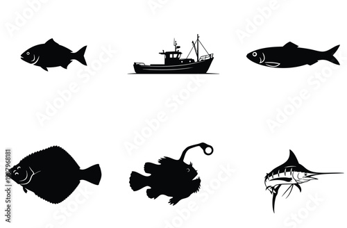 Set of black and white fish and boat silhouettes collection including a variety of aquatic life and a fishing vessel for use in design projects