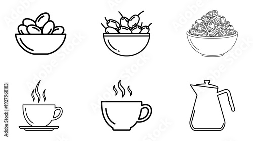 Food and Drinks Icons Bowls of Beans, Coffee Cups, and Teapot Line Art