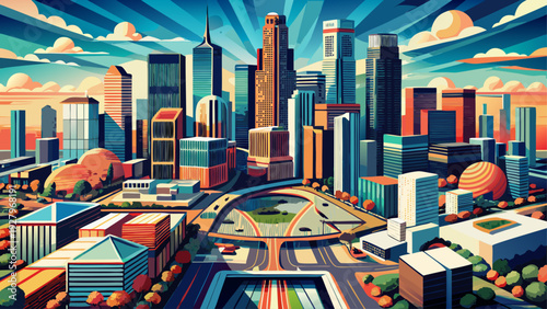 Very beautiful high-altitude aerial portrait of Downtown Houston revealing a dense urban tapestry of streets, glass towers, and architectural symmetry under expansive Texas light.