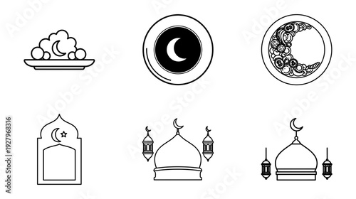 Islamic Culture and Ramadan Icons Mosques, Crescent Moons, and Food