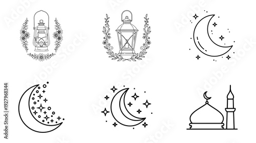 Ramadan Icons Moon, Lanterns, and Mosque Symbols for Islamic Celebrations