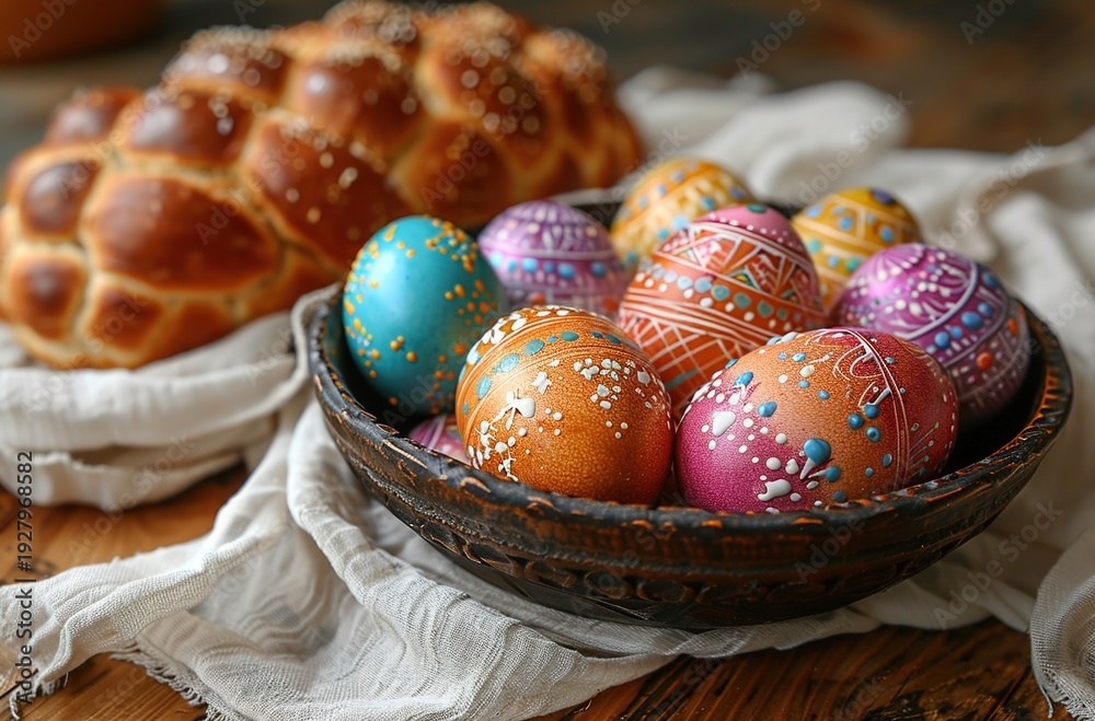 Fototapeta premium Easter Bread and Decorated Eggs with Spring Flowers, evoking traditional holiday joy. Ideal for Easter-themed content, culinary publications, and festive design visuals.