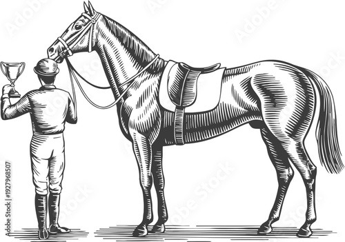Jockey holding trophy next to prize winning racehorse with saddle and reins