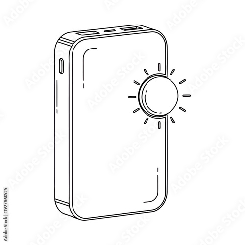 Black and white line drawing of a portable air purifier with sun symbol on button sleek design