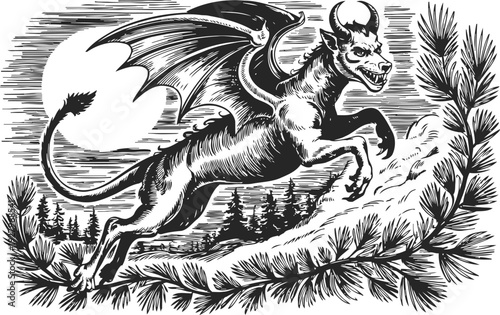 Winged demon creature leaping in dark forest with full moon background, mythical gothic illustration