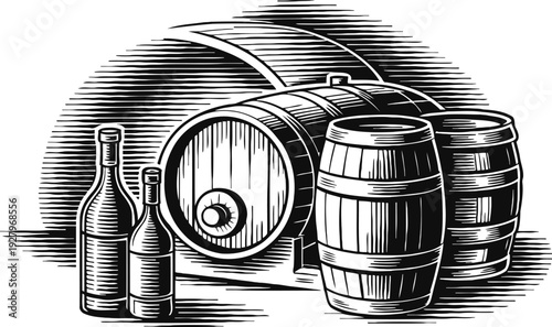 Vintage wooden barrels and glass bottles illustration, traditional wine and beer storage