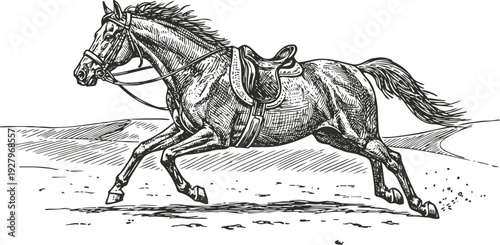 galloping horse with saddle running fast on open terrain dynamic sketch illustration of equestrian animal motion and freedom