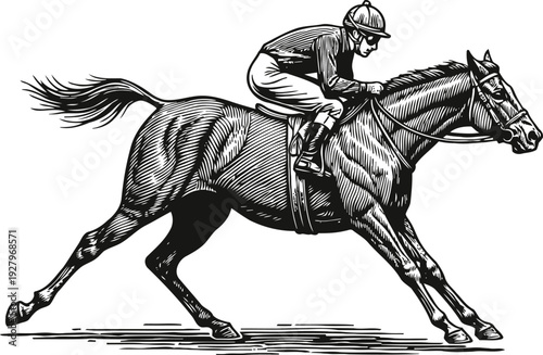 Jockey riding galloping horse detailed black and white engraving illustration
