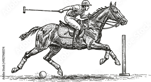 Polo player riding horse striking ball with mallet in dynamic action sport illustration