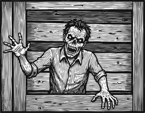Zombie reaching out from a wooden window frame in a black and white horror illustration