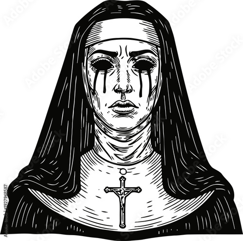 Crying nun with tears streaming down face, black and white religious woman illustration