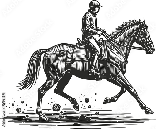 Polo player riding horse in action, sport game illustration with mallet and ball