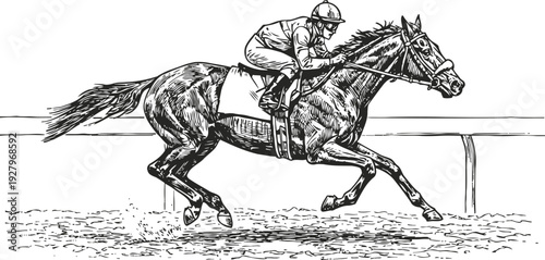 Thoroughbred horse racing with jockey riding fast galloping horse on racetrack