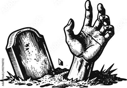 Zombie hand rising from grave with tombstone halloween horror undead monster concept