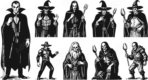 Classic black and white halloween characters set including vampire, witches, warlocks, skeletons, and dark wizards