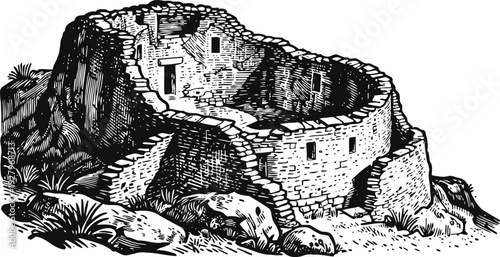 Ancient stone ruins on rocky terrain historic archaeological site with weathered walls and worn steps