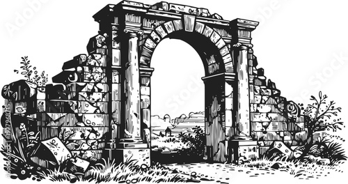 Ancient stone arch ruins with overgrown vegetation and broken columns in a classical architectural