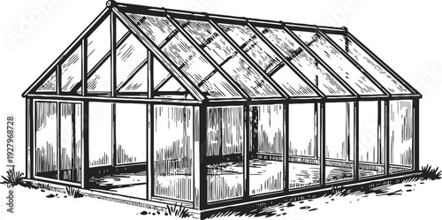 Detailed vintage illustration of a greenhouse glass structure with metal framing outdoor garden