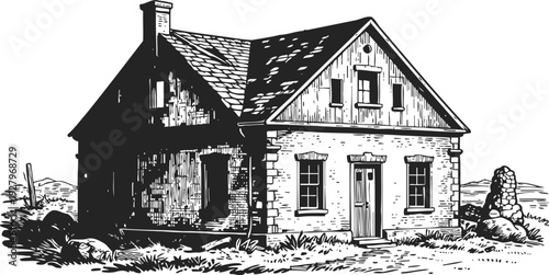 Vintage countryside house illustration with stone walls, chimney, and rustic surrounding landscape