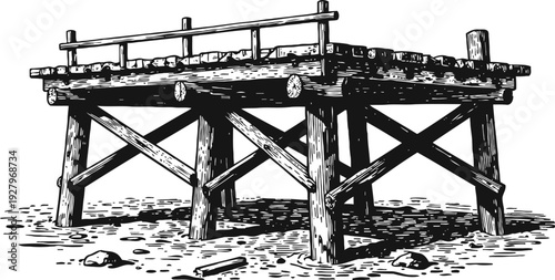 Wooden pier on rocky shore vintage hand drawn dock illustration seaside platform structure with railings