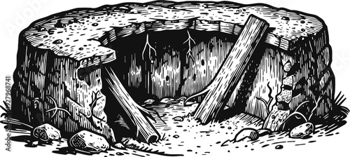 Hollow tree stump with wooden planks inside, detailed vintage black and white illustration