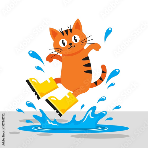 Cartoon cat in rain boots jumping in puddle isolated on White Background
