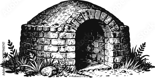 Ancient stone oven with arched entrance surrounded by grass and rocks in vintage engraving