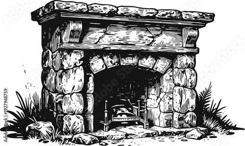 Vintage stone fireplace engraving rustic hearth with detailed brickwork and natural rock elements