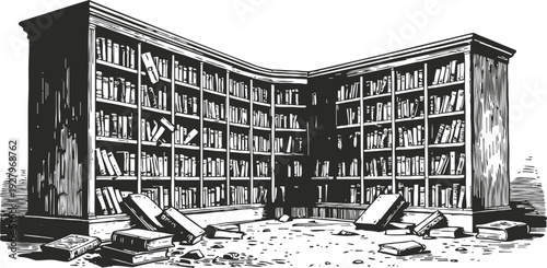 Old library room with large wooden bookshelves full of books, scattered books on the floor, vintage ink drawing