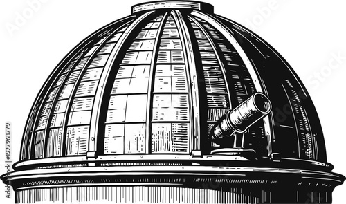 Vintage observatory dome with telescope, astronomy research equipment in classic engraving