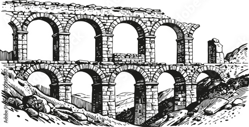 Ancient roman aqueduct ruins with stone arches in rugged landscape illustration