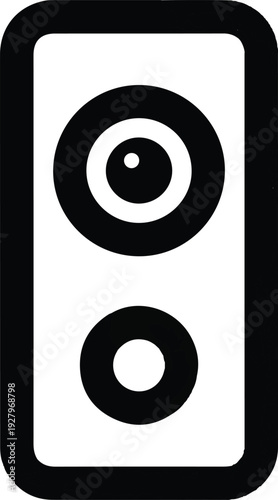 A minimalist black and white illustration of a speaker with two circles representing the cones and a stylized eye-like shape at the top