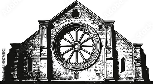 Ancient gothic church facade with large circular rose window and detailed stone architecture