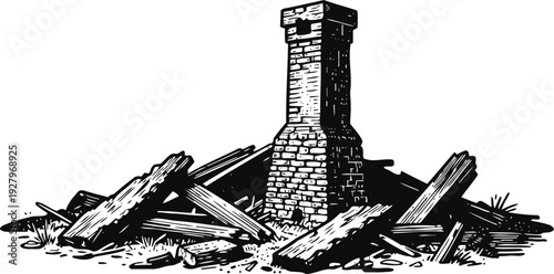 Old brick chimney standing among scattered wooden debris and rubble, vintage line art illustration