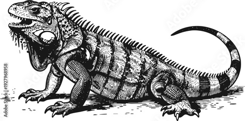 Black and white detailed illustration of a resting iguana lizard with textured scales and curved tail