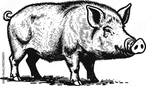 Detailed black and white pig illustration farm animal engraving drawing