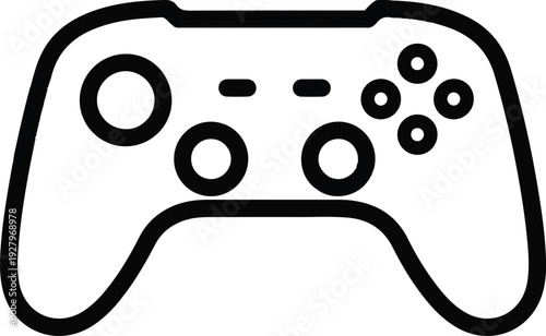 Black and white outline of a video game controller with buttons and joysticks, representing gaming and entertainment