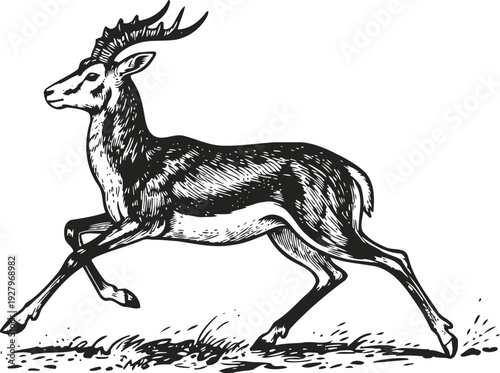 running deer illustration in black and white antlers, wild animal nature sketch