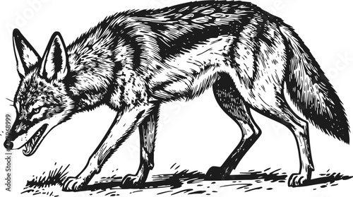 Aggressive coyote snarling and walking on grass, wild canine animal in detailed black and white illustration