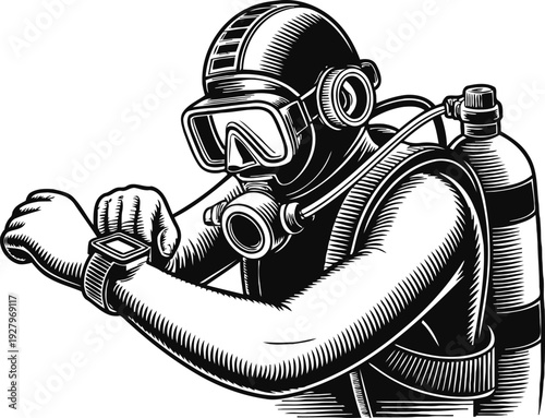 diver wearing scuba gear checking wrist dive computer underwater exploration and safety
