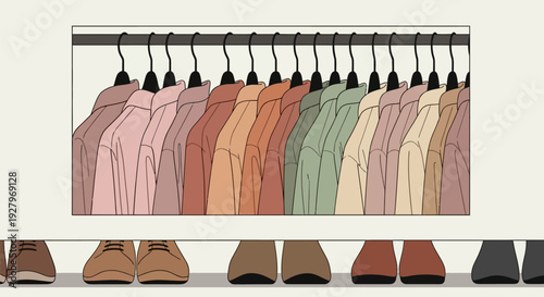 Assorted garments and footwear on display in a minimalist setting.