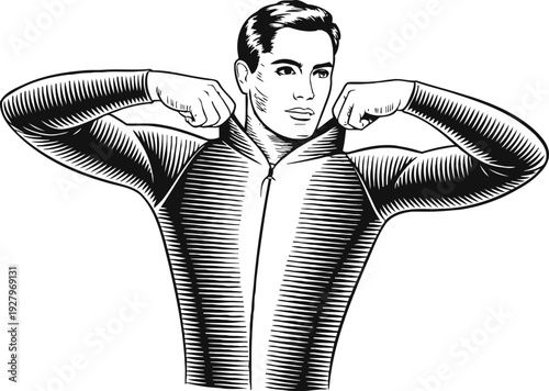 Man putting on a zipper jacket with hands pulling the collar up, retro black and white illustration