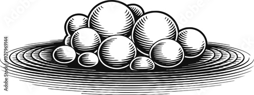 Black and white engraving illustration of round pebbles or stones arranged in a pile on rippled surface