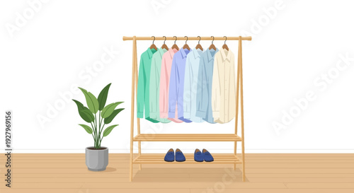 Clothing rack with colorful shirts and shoes in a minimalist interior.