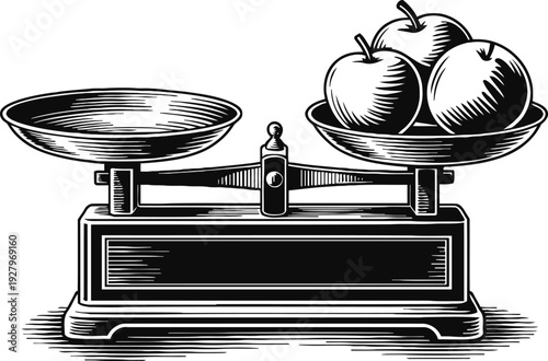 Vintage mechanical balance scale with apples weighing on one side, black and white illustration