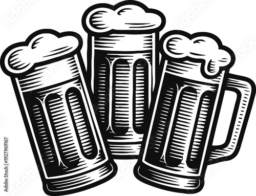 Three beer mugs filled with frothy beer, vintage black and white illustration of cold beverage glasses