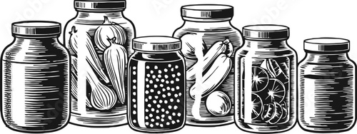 vintage black and white jars with preserved vegetables and spices, hand drawn rustic kitchen storage