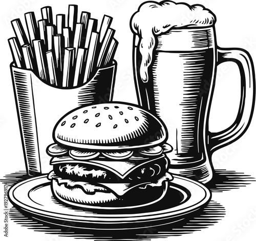 Classic burger, french fries, and frothy beer mug traditional fast food meal on plate with crispy potato sticks and cold drink