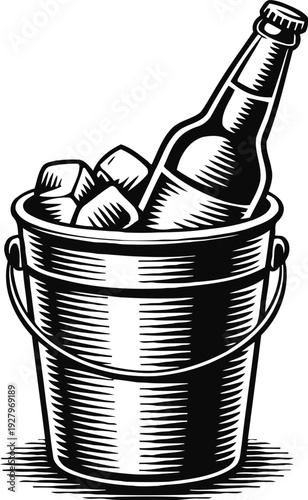 Beer bottle in bucket with ice cubes refreshing beverage chilled for party and summer drink concept