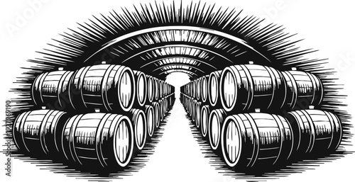 Vintage wooden barrels lined up inside a dimly lit cellar tunnel with arched ceiling